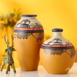 madhubani-earthen-dartix-set-of-2-yellow-terracotta-floor-vases